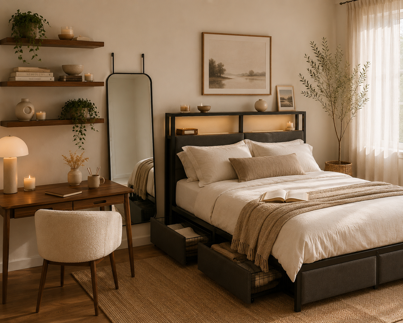 Cozy small bedroom with neutral tones, storage bed and floating shelves