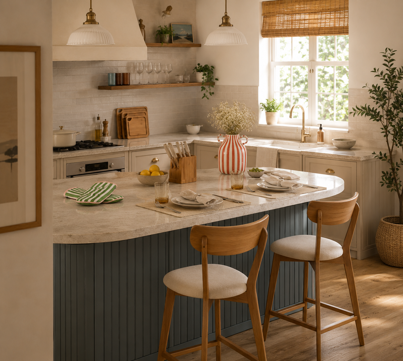 Bright coastal kitchen with striped vase, natural wood accents and a styled island