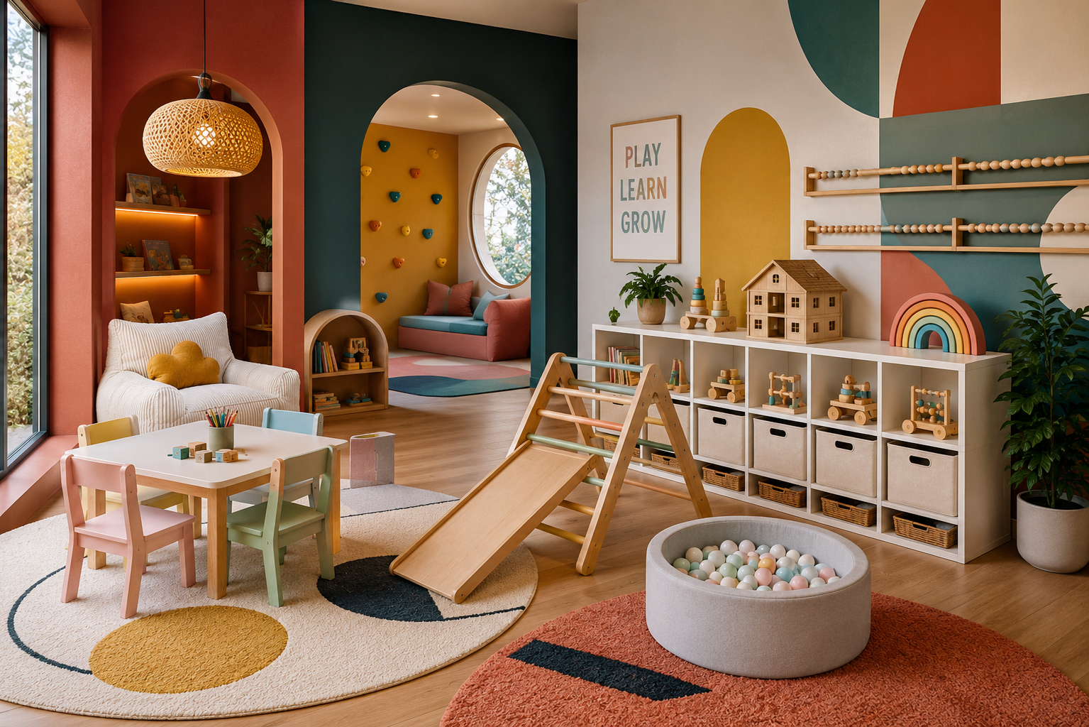 Colorful modern kids playroom with climbing wall, pikler triangle and ball pit