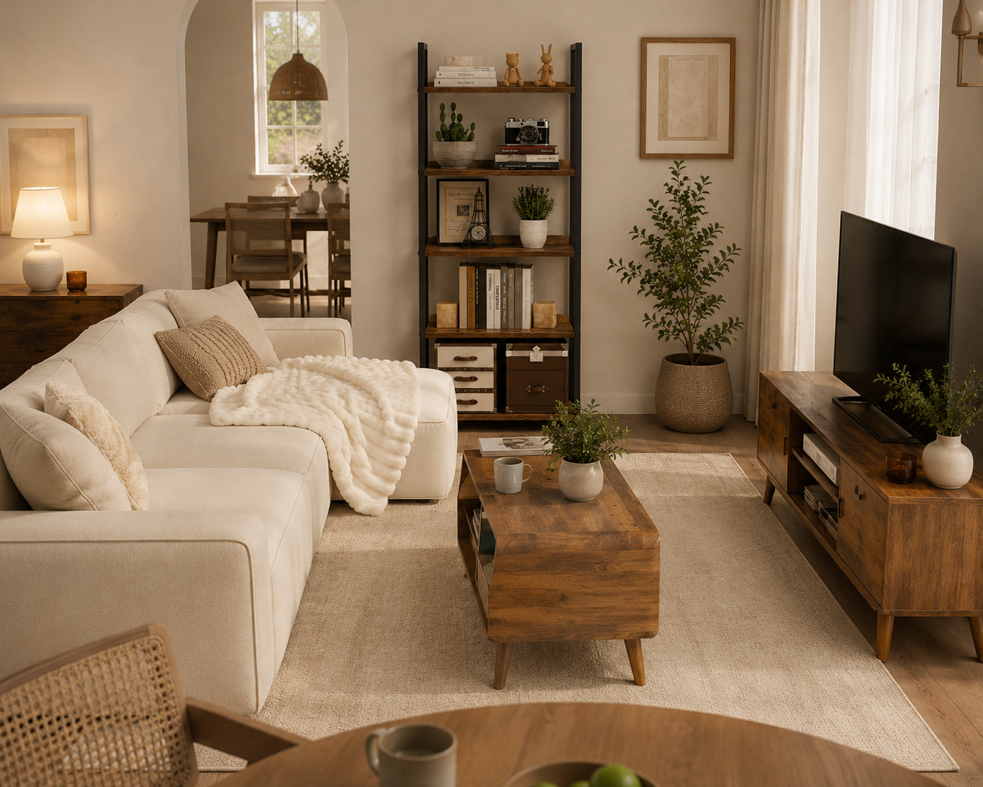 Cozy boho living room with cream sectional, wooden coffee table and warm neutral decor