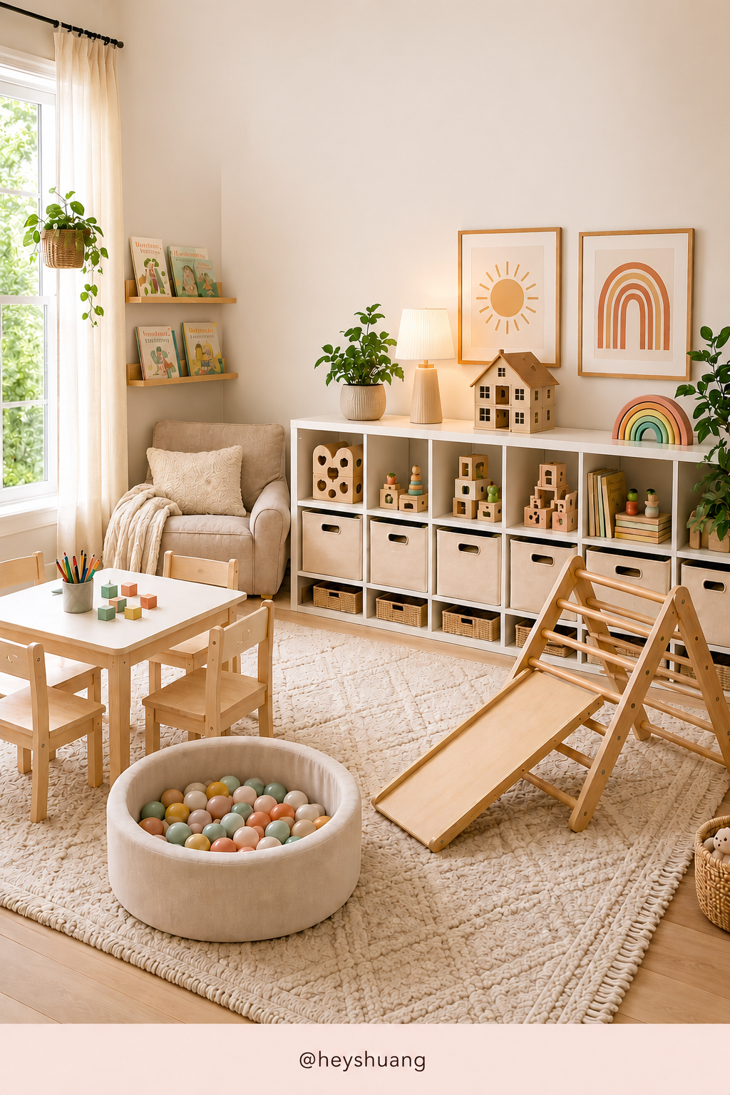 Neutral playroom with cube storage, pikler triangle, ball pit and reading nook