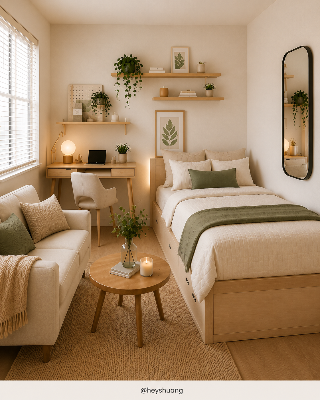 Small bedroom with neutral tones, storage bed, desk, mirror and floating shelves